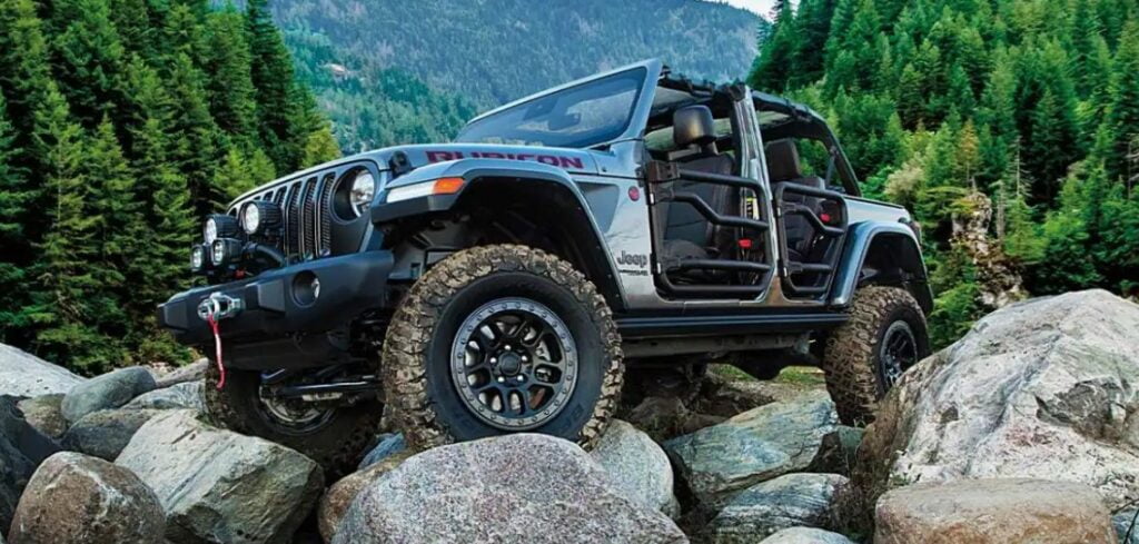 Jeep Wrangler Rubicon 392 on rocks. It has incredible off-roading capabilities