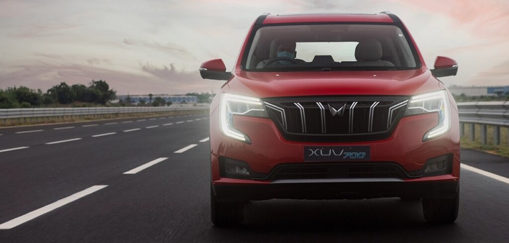 2021 Mahindra XUV700 in Red with front DRLs